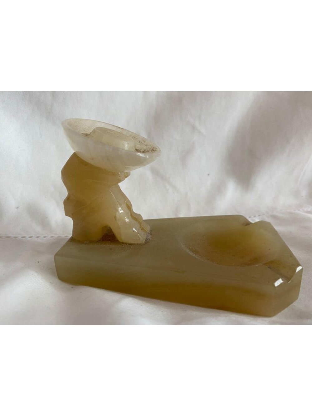 Vintage Hand Carved Onyx Marble Ashtray Made in Mexico Siesta Man with Sombrero